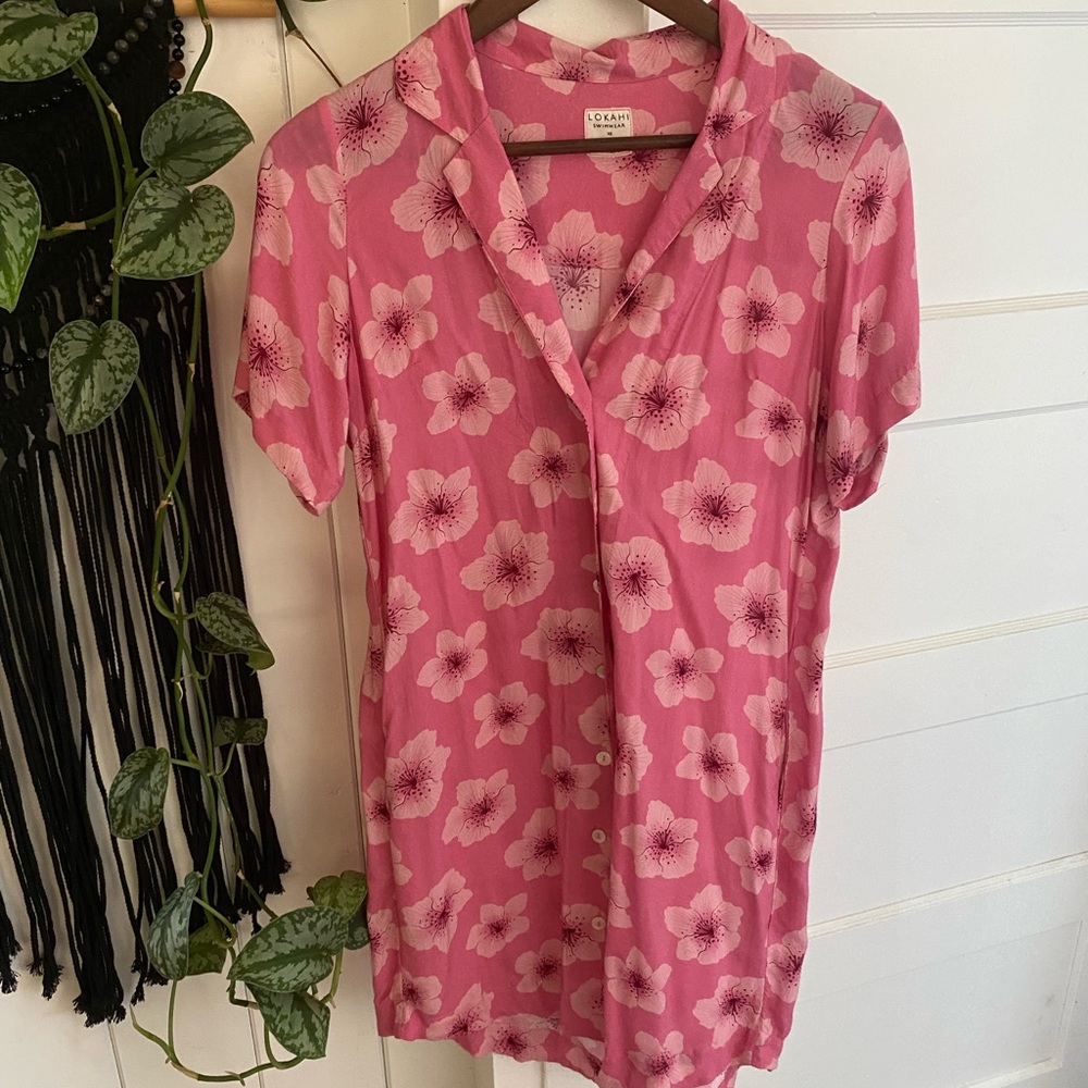 Lokahi Swimwear Pink Aurora Aloha Shirt Dress
